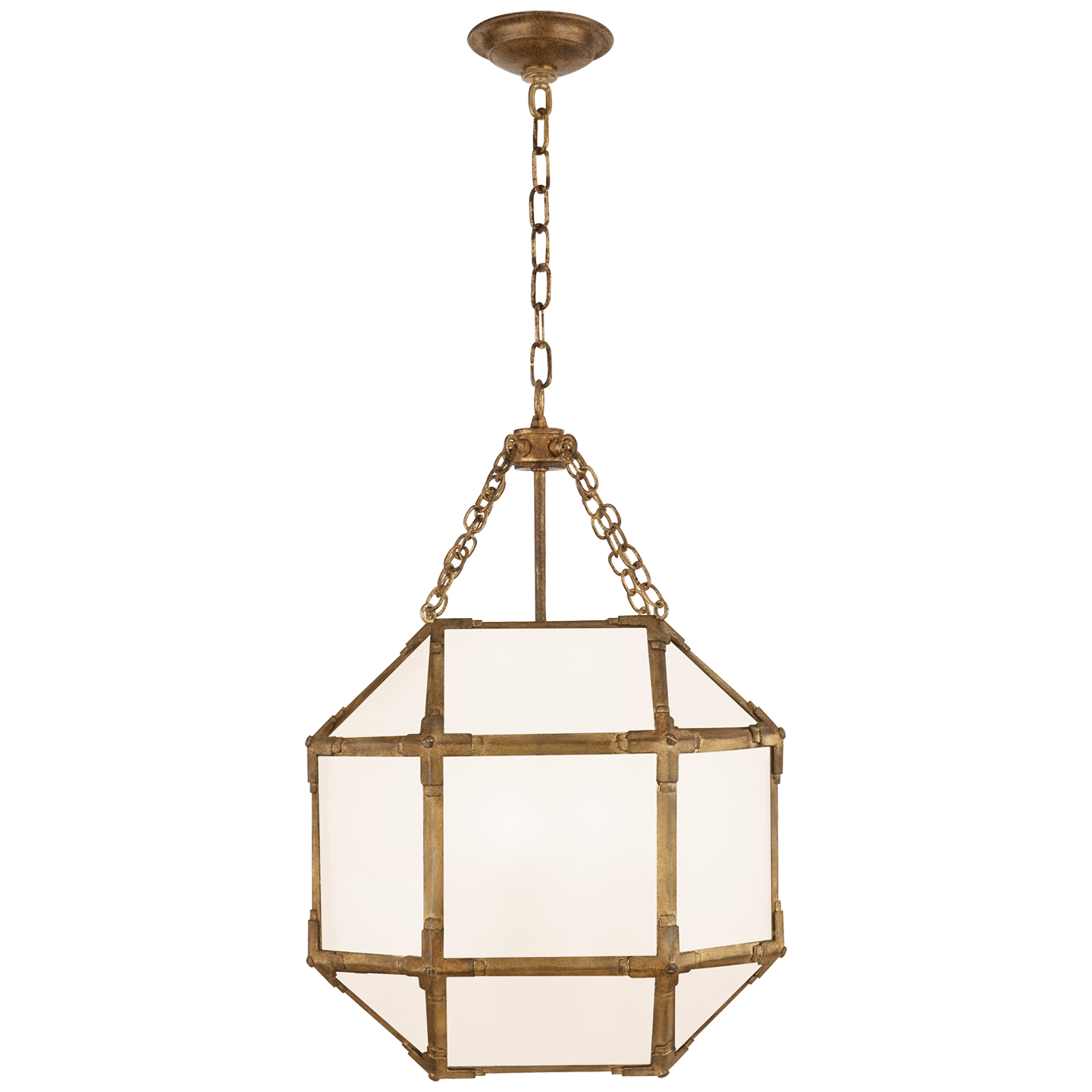 Featuring Morris Small Lantern Gilded Iron by Visual Comfort at Amethyst Home. The Morris by Suzanne Kasler adds refined charm to any style of kitchen or entryway. Clear or white glass panes adorn the geometric frame in antique zinc, polished nickel or gilded iron, allowing for brighter or more diffused illumination.
Overall Dimensions: 13.5" L x 13.5" W x 21.5" HWeight: 14 lbs.. Amethyst Home provides interior design, new construction, custom furniture, and area rugs in the Alpharetta metro area