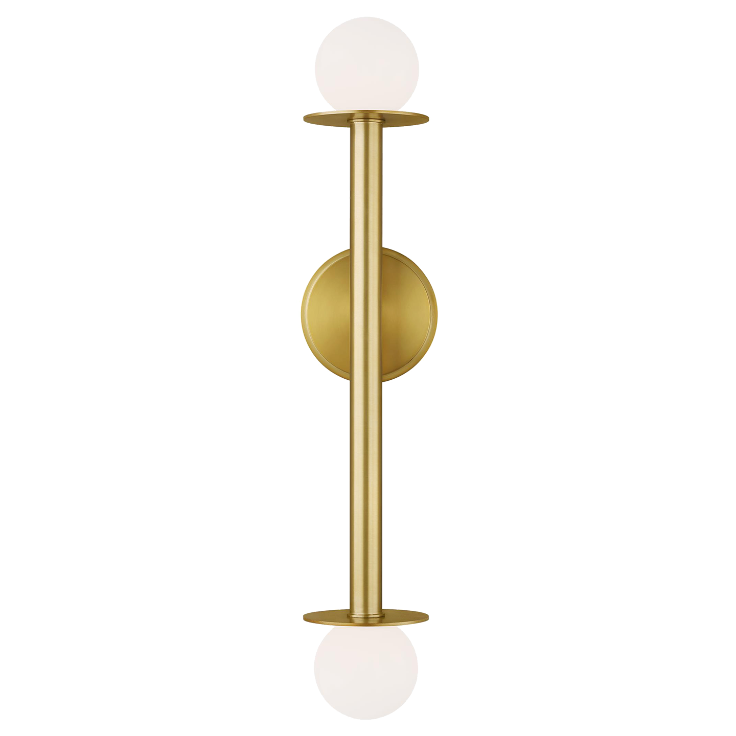 Featuring Nodes Double Sconce Burnished Brass by Visual Comfort at Amethyst Home. Nodes task, ceiling and wall lighting is minimal yet bold, highlighting Kelly's distinctive juxtaposition of mixed-materiality and curvilinear form. Light radiates from milk glass globes set against metal discs. All fixtures can be used or without the discs. The cast canopy is available in Burnished Bras. Amethyst Home provides interior design, new construction, custom furniture, and area rugs in the Miami metro area