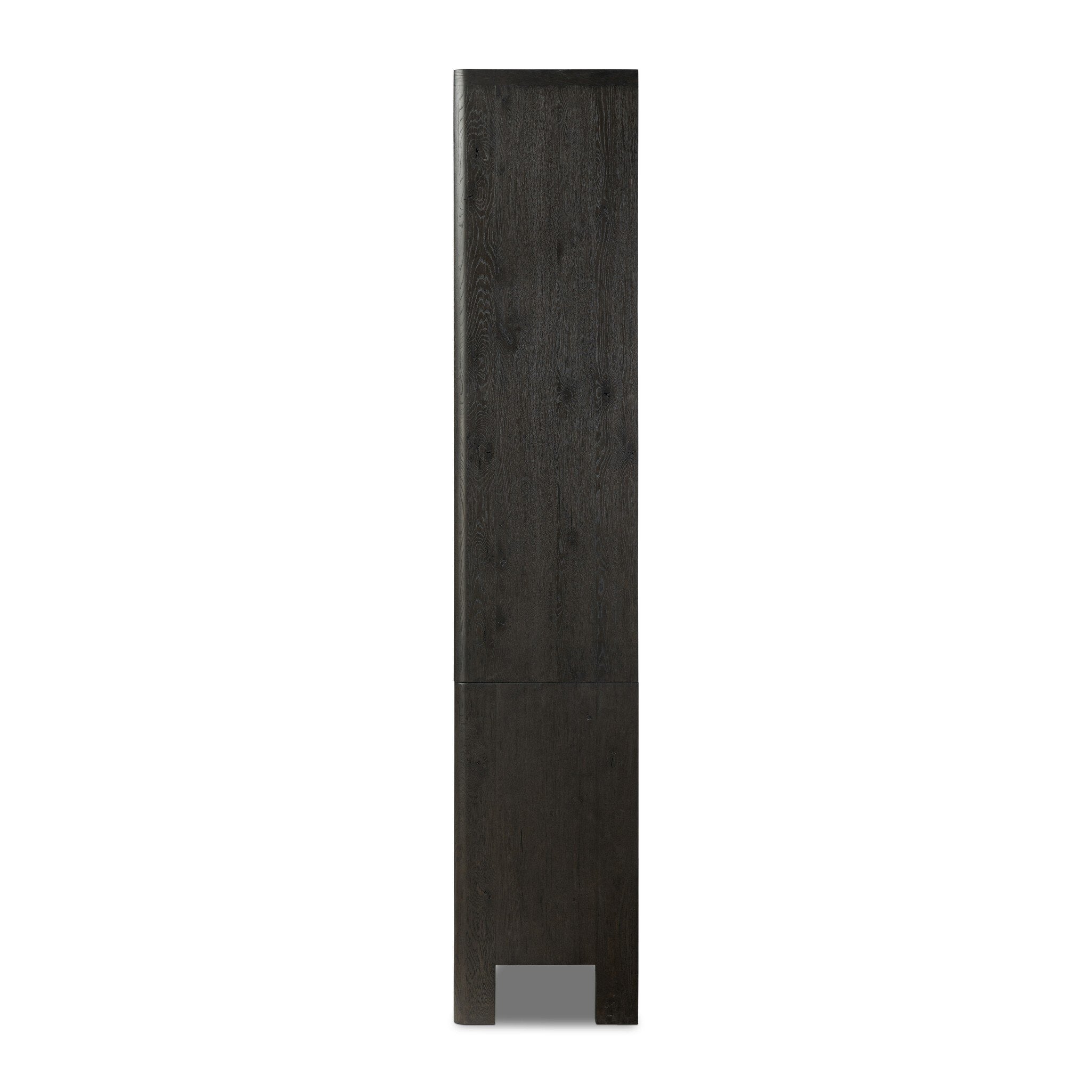 Featuring Noeline Smoked Black Oak Wide Bookcase by Four Hands at Amethyst Home. Made from solid oak and oak veneer and finished in a smoked black, a wide bookcase offers open and concealed shelving, for both storage and display. Push-latch doors make for a clean, seamless look, while subtly rounded corners soften up the whole look.Overall Dimensions: 84.00"w x 18.00"d x 94.00"hWeigh. Amethyst Home provides interior design, new construction, custom furniture, and area rugs in the Dallas metro area