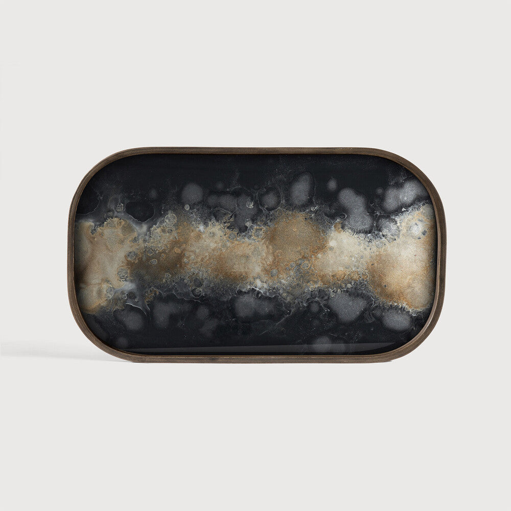 Featuring Organic Valet Tray by Ethnicraft at Amethyst Home. A subdued color palette meets captivating motifs inspired by nature and travel. This Black Organic glass valet tray experiments with the balance between rich patterns offset with muted tones, revealing the beauty behind the deceivingly ordinary subjects from which inspiration is drawn. In doing so, this collection captur. Amethyst Home provides interior design, new construction, custom furniture, and area rugs in the Calabasas metro area