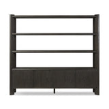 Featuring Orwin Smoked Black Oak Wide Bookshelf by Four Hands at Amethyst Home. A stunner from every angle. Crafted from a mix of solid oak and thick oak veneer, this overscale bookcase features chamfered edges along the shelves and angled outer legs for lots of movement. Finished in a smoked black oak.Overall Dimensions: 84.00"w x 18.00"d x 77.00"hWeight : 326.28 lbsMaterials : S. Amethyst Home provides interior design, new construction, custom furniture, and area rugs in the Park City metro area