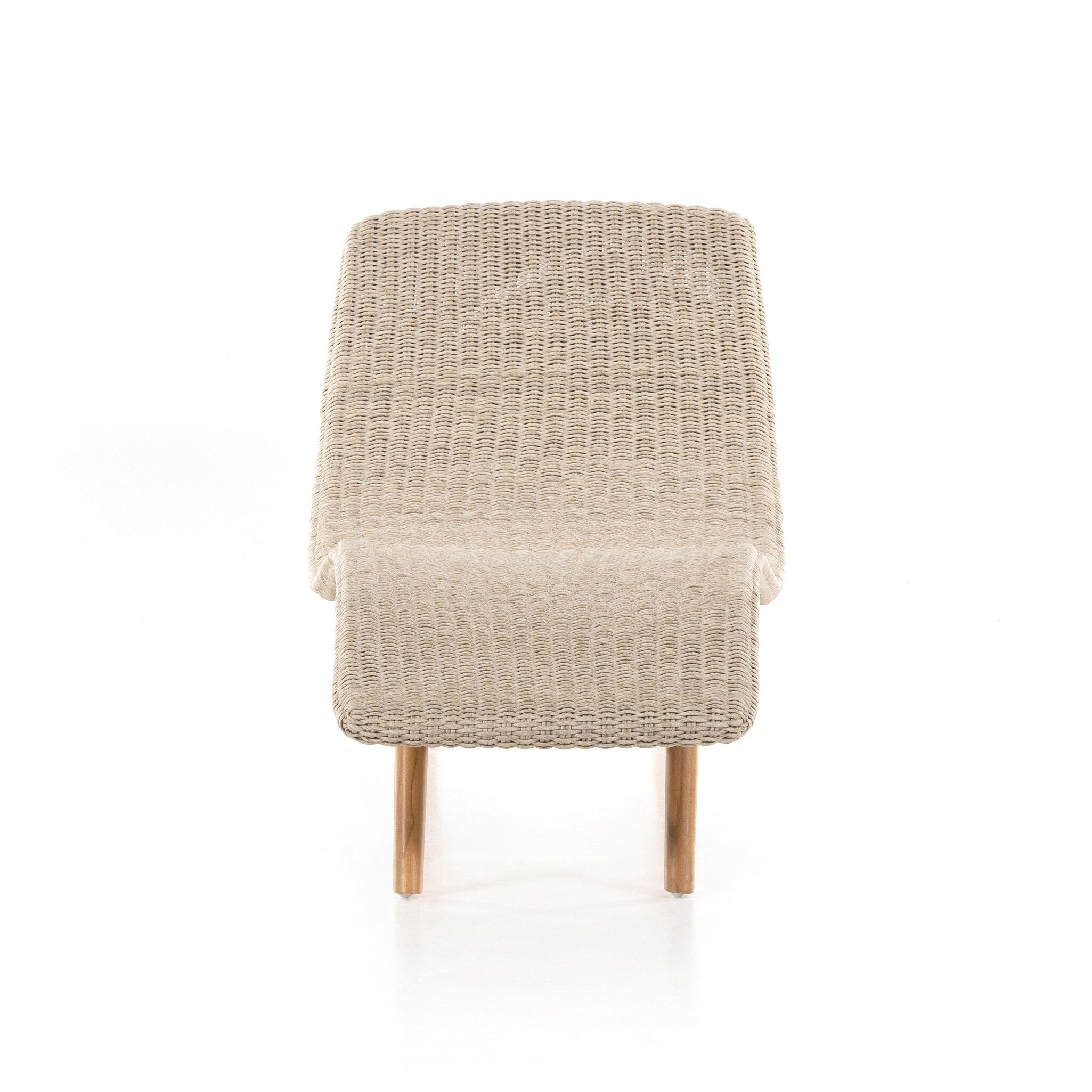 Featuring Portia Vintage White Outdoor Chaise by Four Hands at Amethyst Home. Strike a pose. Based off a vintage shape, all-weather wicker is subtly curved and set atop a minimal frame made of solid teak. A stylish statement piece and seating option for both indoors and out. Cover or store inside during inclement weather and when not in use.Overall Dimensions: 24.00"w x 80.50"d x . Amethyst Home provides interior design, new construction, custom furniture, and area rugs in the Calabasas metro area