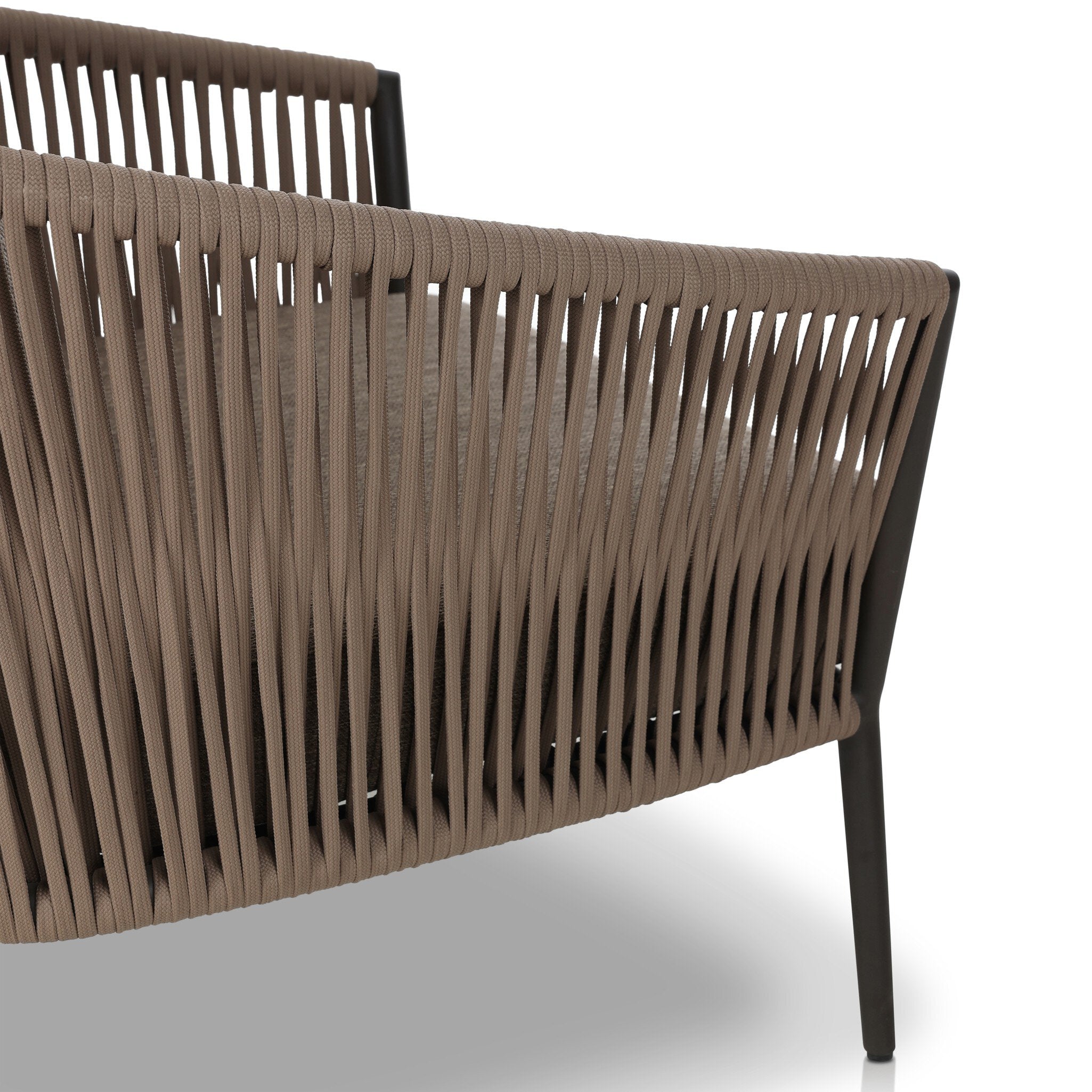 Featuring Porto Ellor Brown Outdoor Chair by Four Hands at Amethyst Home. The perfect place for outdoor daydreaming. A beautiful rope-based design is woven across a durable aluminum frame in a rich bronze finish. Topped with a wide cushion and throw pillow, all upholstered in 100% olefin, known for its UV-resistant, water-repellent and quick-drying abilities. Cover or store indoors . Amethyst Home provides interior design, new construction, custom furniture, and area rugs in the Houston metro area