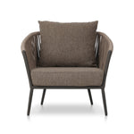 Featuring Porto Ellor Brown Outdoor Chair by Four Hands at Amethyst Home. The perfect place for outdoor daydreaming. A beautiful rope-based design is woven across a durable aluminum frame in a rich bronze finish. Topped with a wide cushion and throw pillow, all upholstered in 100% olefin, known for its UV-resistant, water-repellent and quick-drying abilities. Cover or store indo. Amethyst Home provides interior design, new construction, custom furniture, and area rugs in the Los Angeles metro area