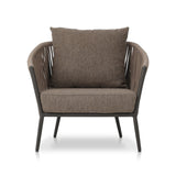 Featuring Porto Ellor Brown Outdoor Chair by Four Hands at Amethyst Home. The perfect place for outdoor daydreaming. A beautiful rope-based design is woven across a durable aluminum frame in a rich bronze finish. Topped with a wide cushion and throw pillow, all upholstered in 100% olefin, known for its UV-resistant, water-repellent and quick-drying abilities. Cover or store indo. Amethyst Home provides interior design, new construction, custom furniture, and area rugs in the Los Angeles metro area