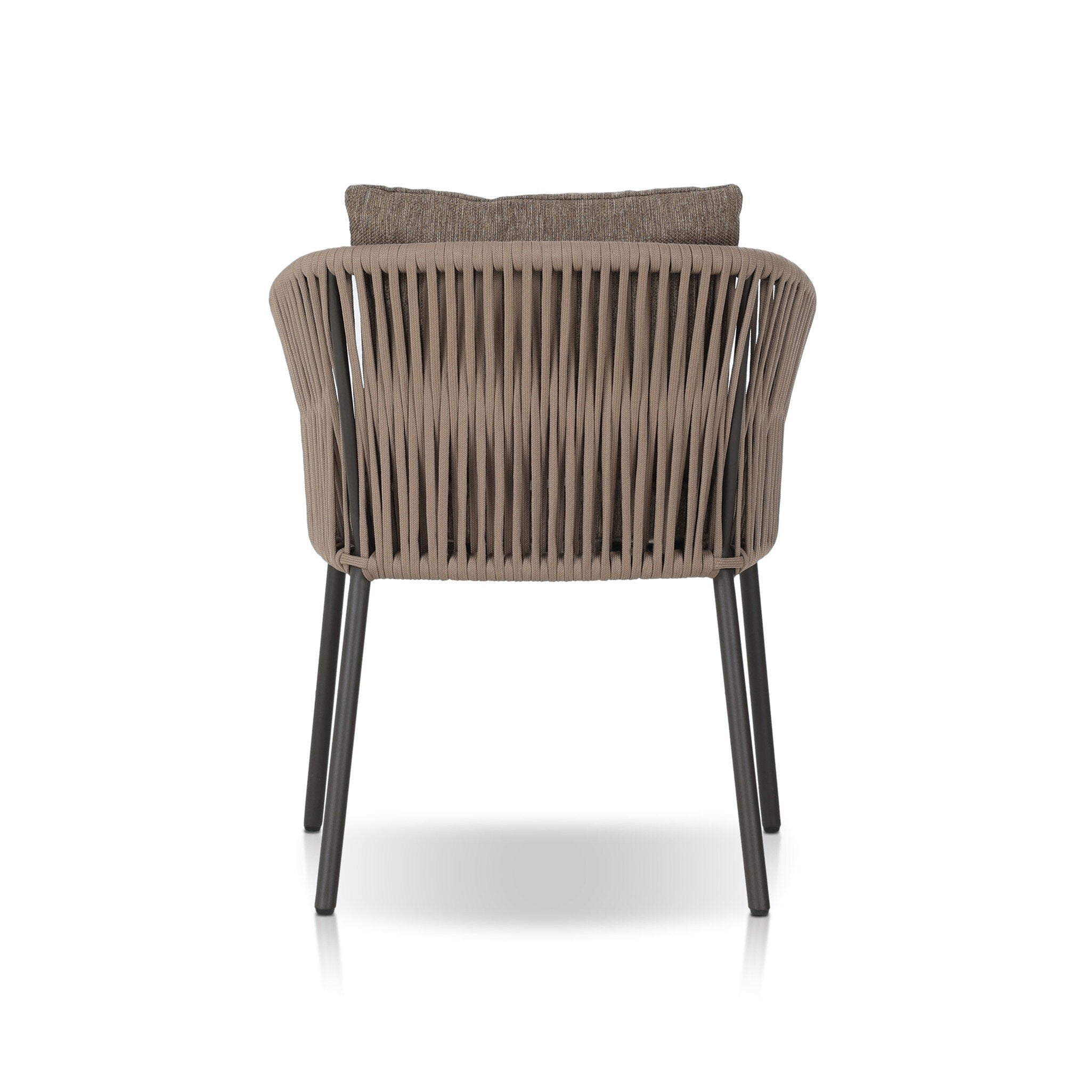 Featuring Porto Ellor Brown Outdoor Dining Chair by Four Hands at Amethyst Home. The perfect place for outdoor daydreaming. A beautiful rope-based design is woven across a durable aluminum frame in a rich bronze finish. Topped with a wide cushion and throw pillows, all upholstered in 100% olefin, known for its UV-resistant, water-repellent and quick-drying abilitiesOverall Dimensions. Amethyst Home provides interior design, new construction, custom furniture, and area rugs in the Boston metro area