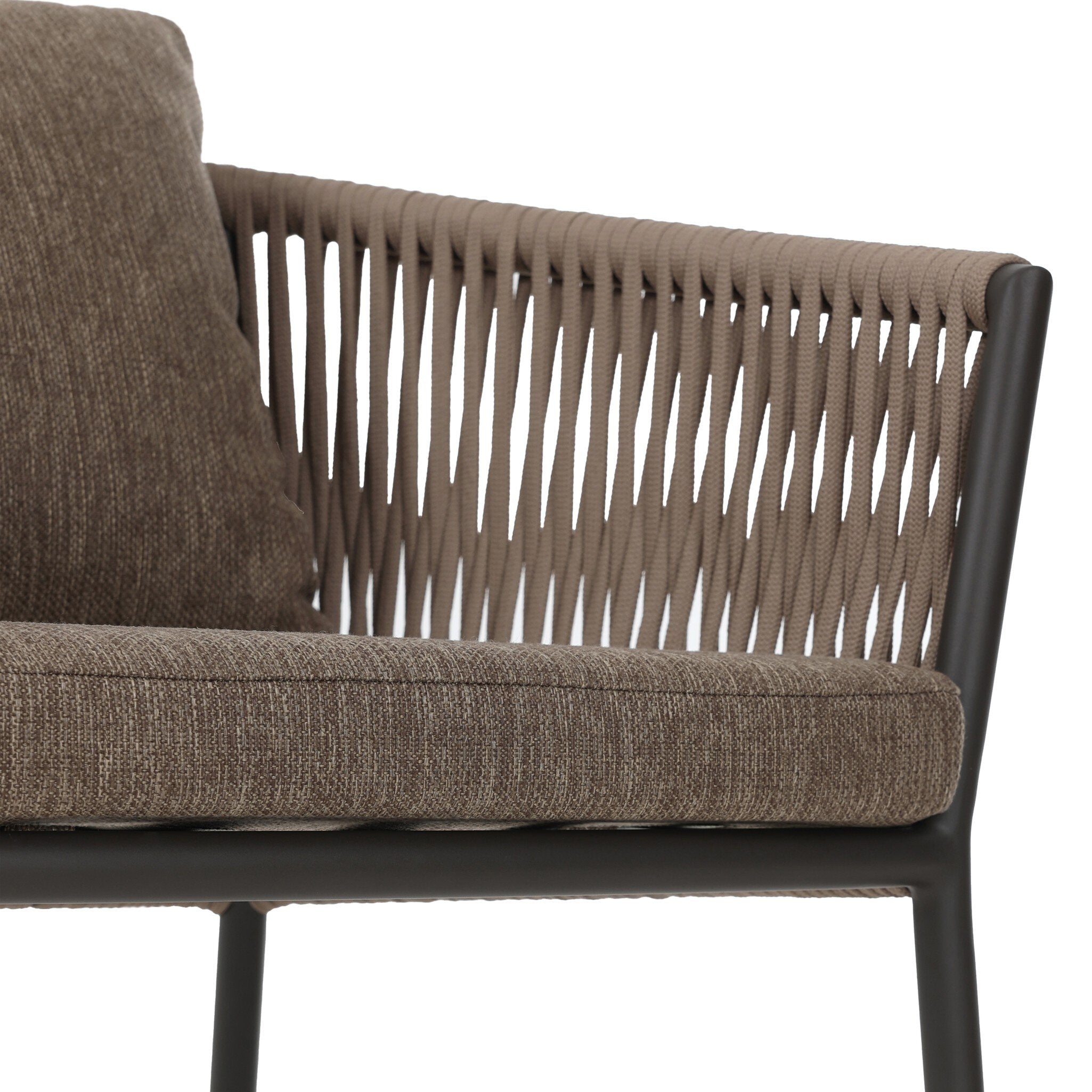 Featuring Porto Ellor Brown Outdoor Dining Chair by Four Hands at Amethyst Home. The perfect place for outdoor daydreaming. A beautiful rope-based design is woven across a durable aluminum frame in a rich bronze finish. Topped with a wide cushion and throw pillows, all upholstered in 100% olefin, known for its UV-resistant, water-repellent and quick-drying abilitiesOverall Dimensions. Amethyst Home provides interior design, new construction, custom furniture, and area rugs in the Dallas metro area