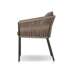 Featuring Porto Ellor Brown Outdoor Dining Chair by Four Hands at Amethyst Home. The perfect place for outdoor daydreaming. A beautiful rope-based design is woven across a durable aluminum frame in a rich bronze finish. Topped with a wide cushion and throw pillows, all upholstered in 100% olefin, known for its UV-resistant, water-repellent and quick-drying abilitiesOverall Dimension. Amethyst Home provides interior design, new construction, custom furniture, and area rugs in the Houston metro area
