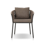 Featuring Porto Ellor Brown Outdoor Dining Chair by Four Hands at Amethyst Home. The perfect place for outdoor daydreaming. A beautiful rope-based design is woven across a durable aluminum frame in a rich bronze finish. Topped with a wide cushion and throw pillows, all upholstered in 100% olefin, known for its UV-resistant, water-repellent and quick-drying abilitiesOverall Dim. Amethyst Home provides interior design, new construction, custom furniture, and area rugs in the Newport Beach metro area