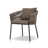 Featuring Porto Ellor Brown Outdoor Dining Chair by Four Hands at Amethyst Home. The perfect place for outdoor daydreaming. A beautiful rope-based design is woven across a durable aluminum frame in a rich bronze finish. Topped with a wide cushion and throw pillows, all upholstered in 100% olefin, known for its UV-resistant, water-repellent and quick-drying abilitiesOverall Dimensions:. Amethyst Home provides interior design, new construction, custom furniture, and area rugs in the Omaha metro area