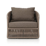 Featuring Porto Ellor Brown Outdoor Swivel Chair by Four Hands at Amethyst Home. A beautiful rope-based design is woven across a durable, 360-swivel aluminum frame in a rich bronze finish. Topped with a wide cushion and throw pillow, all upholstered in 100% olefin, known for its UV-resistant, water-repellent and quick-drying abilities. Cover or store indoors during inclement weat. Amethyst Home provides interior design, new construction, custom furniture, and area rugs in the Washington metro area