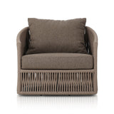 Featuring Porto Ellor Brown Outdoor Swivel Chair by Four Hands at Amethyst Home. A beautiful rope-based design is woven across a durable, 360-swivel aluminum frame in a rich bronze finish. Topped with a wide cushion and throw pillow, all upholstered in 100% olefin, known for its UV-resistant, water-repellent and quick-drying abilities. Cover or store indoors during inclement weat. Amethyst Home provides interior design, new construction, custom furniture, and area rugs in the Washington metro area