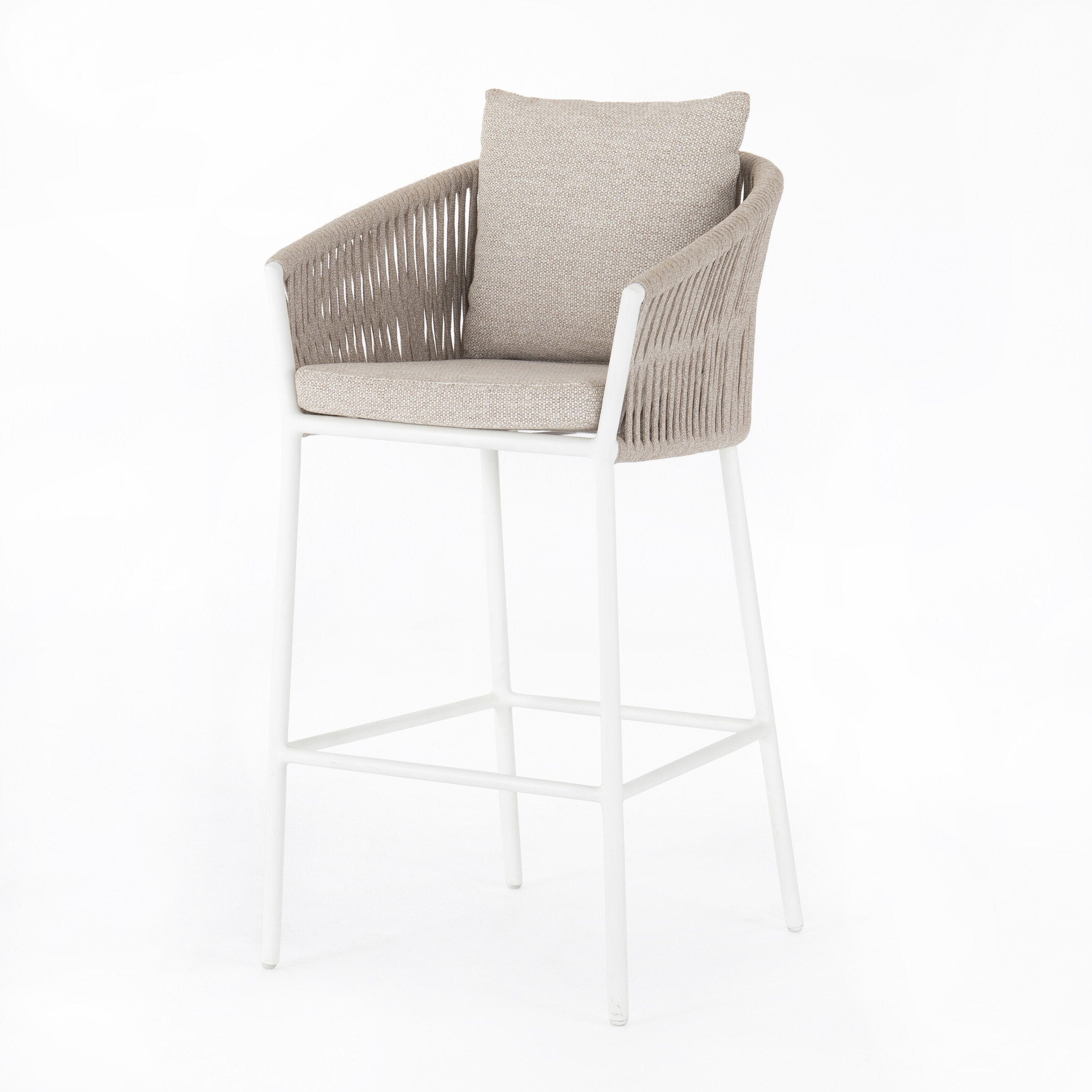 Featuring Porto Faye Sand Outdoor Bar & Counter Stool by Four Hands at Amethyst Home. Add a dash of modernity to outdoor dining. Finished in a crisp, clean white, linear aluminum framing welcomes weather-resistant sand-colored cushioning, for a fresh, fluid look. Cover or store indoors during inclement weather and when not in use.Bar StoolOverall Dimensions: 22.50"w x 22.75"d x 45.00". Amethyst Home provides interior design, new construction, custom furniture, and area rugs in the Miami metro area