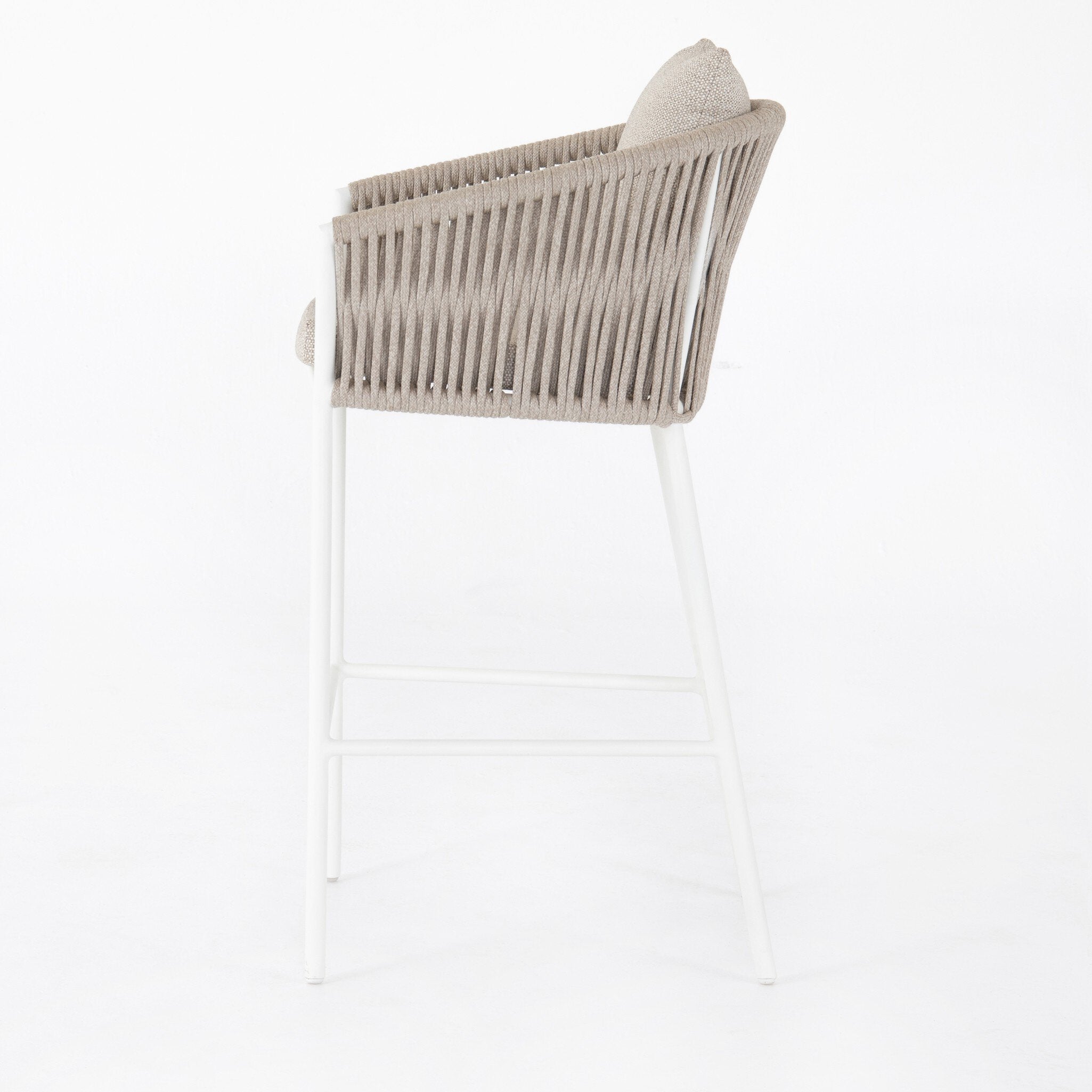 Featuring Porto Faye Sand Outdoor Bar & Counter Stool by Four Hands at Amethyst Home. Add a dash of modernity to outdoor dining. Finished in a crisp, clean white, linear aluminum framing welcomes weather-resistant sand-colored cushioning, for a fresh, fluid look. Cover or store indoors during inclement weather and when not in use.Bar StoolOverall Dimensions: 22.50"w x 22.75"d x 45. Amethyst Home provides interior design, new construction, custom furniture, and area rugs in the San Diego metro area
