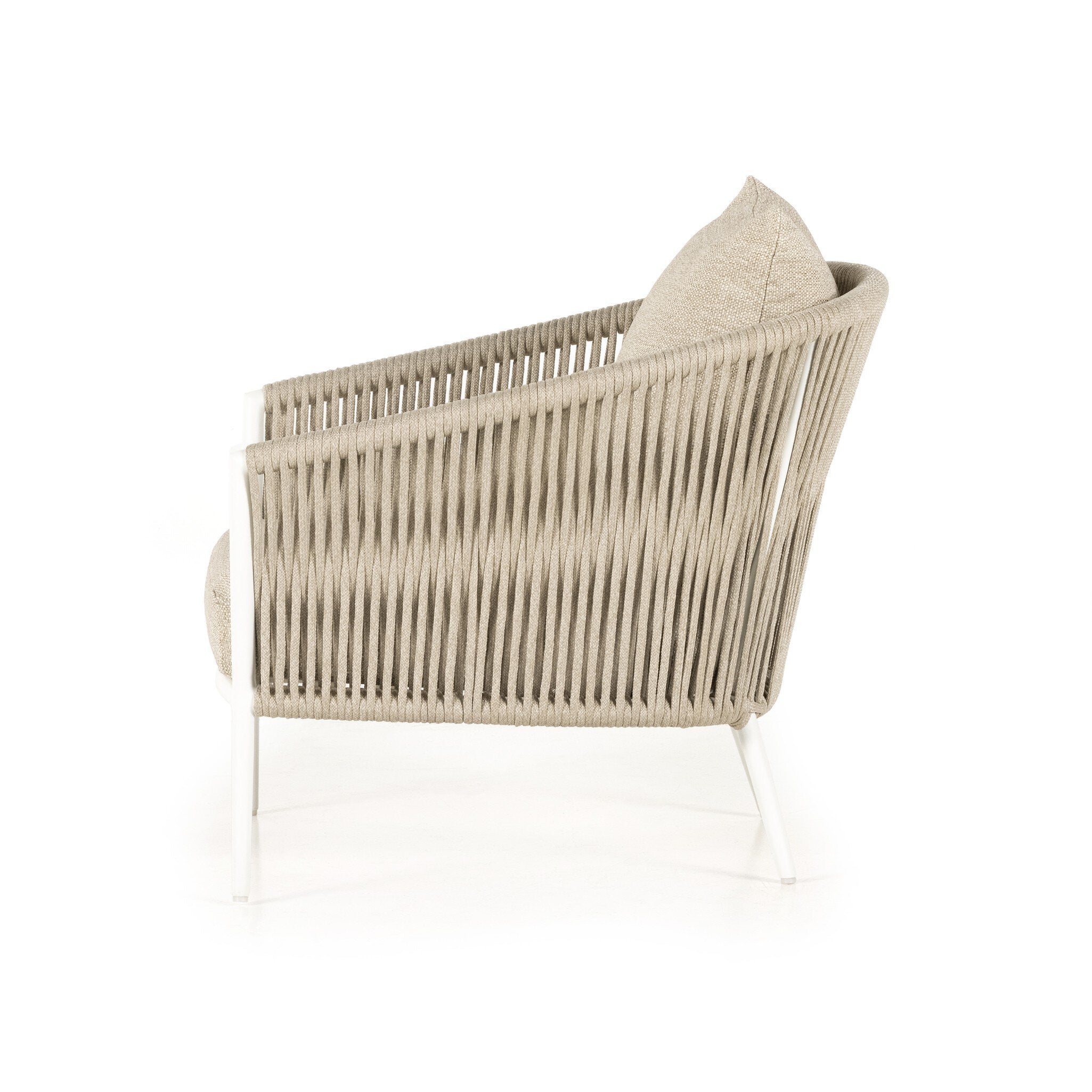 Featuring Porto Faye Sand Outdoor Chair by Four Hands at Amethyst Home. The perfect place for outdoor daydreaming. A beautiful rope-based design is woven across a durable aluminum frame. Topped with a wide cushion and throw pillow, all upholstered in 100% olefin, known for its UV-resistant, water-repellent and quick-drying abilities. Cover or store indoors during inclement weather an. Amethyst Home provides interior design, new construction, custom furniture, and area rugs in the Boston metro area