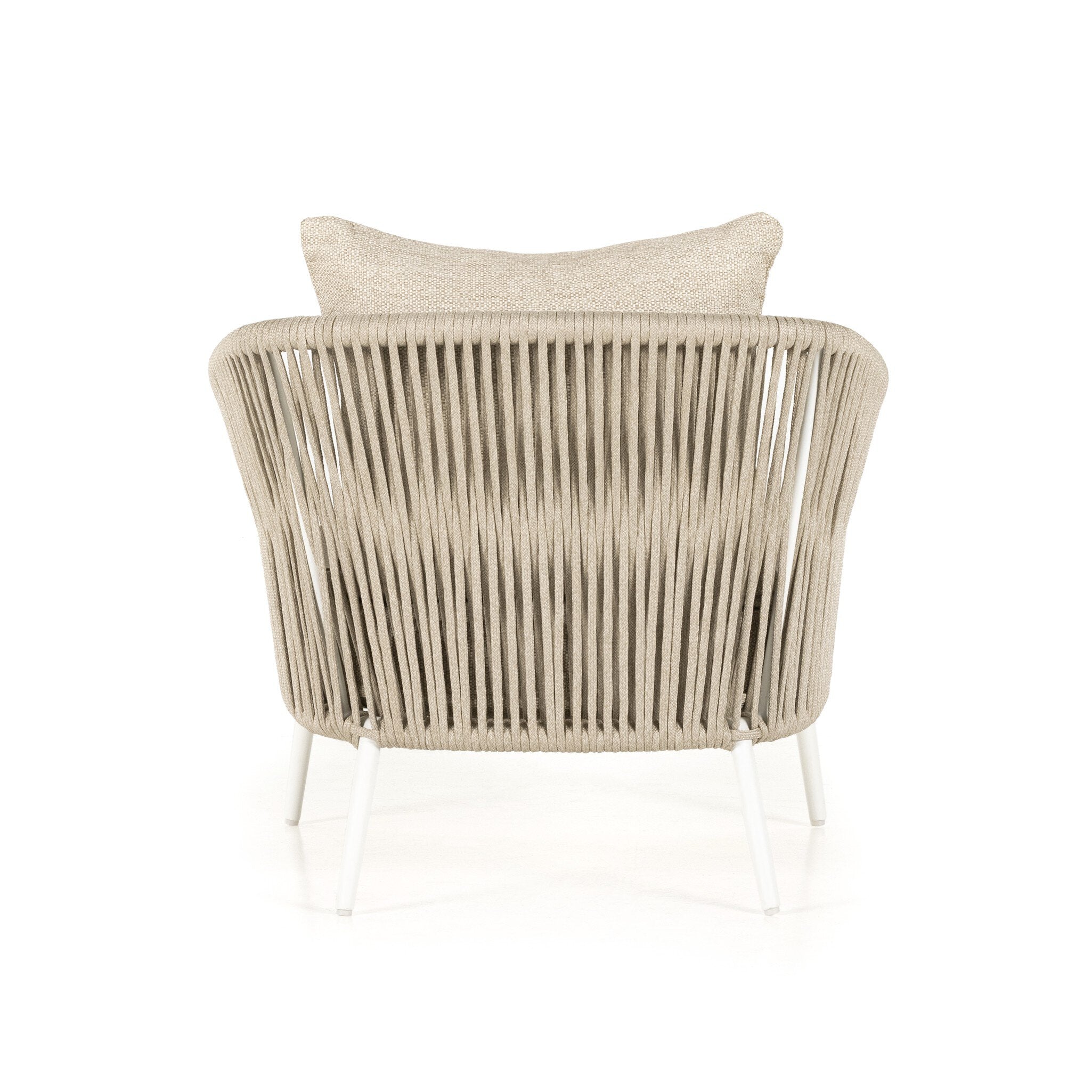 Featuring Porto Faye Sand Outdoor Chair by Four Hands at Amethyst Home. The perfect place for outdoor daydreaming. A beautiful rope-based design is woven across a durable aluminum frame. Topped with a wide cushion and throw pillow, all upholstered in 100% olefin, known for its UV-resistant, water-repellent and quick-drying abilities. Cover or store indoors during inclement weather an. Amethyst Home provides interior design, new construction, custom furniture, and area rugs in the Boston metro area