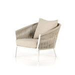 Featuring Porto Faye Sand Outdoor Chair by Four Hands at Amethyst Home. The perfect place for outdoor daydreaming. A beautiful rope-based design is woven across a durable aluminum frame. Topped with a wide cushion and throw pillow, all upholstered in 100% olefin, known for its UV-resistant, water-repellent and quick-drying abilities. Cover or store indoors during inclement weath. Amethyst Home provides interior design, new construction, custom furniture, and area rugs in the Los Angeles metro area