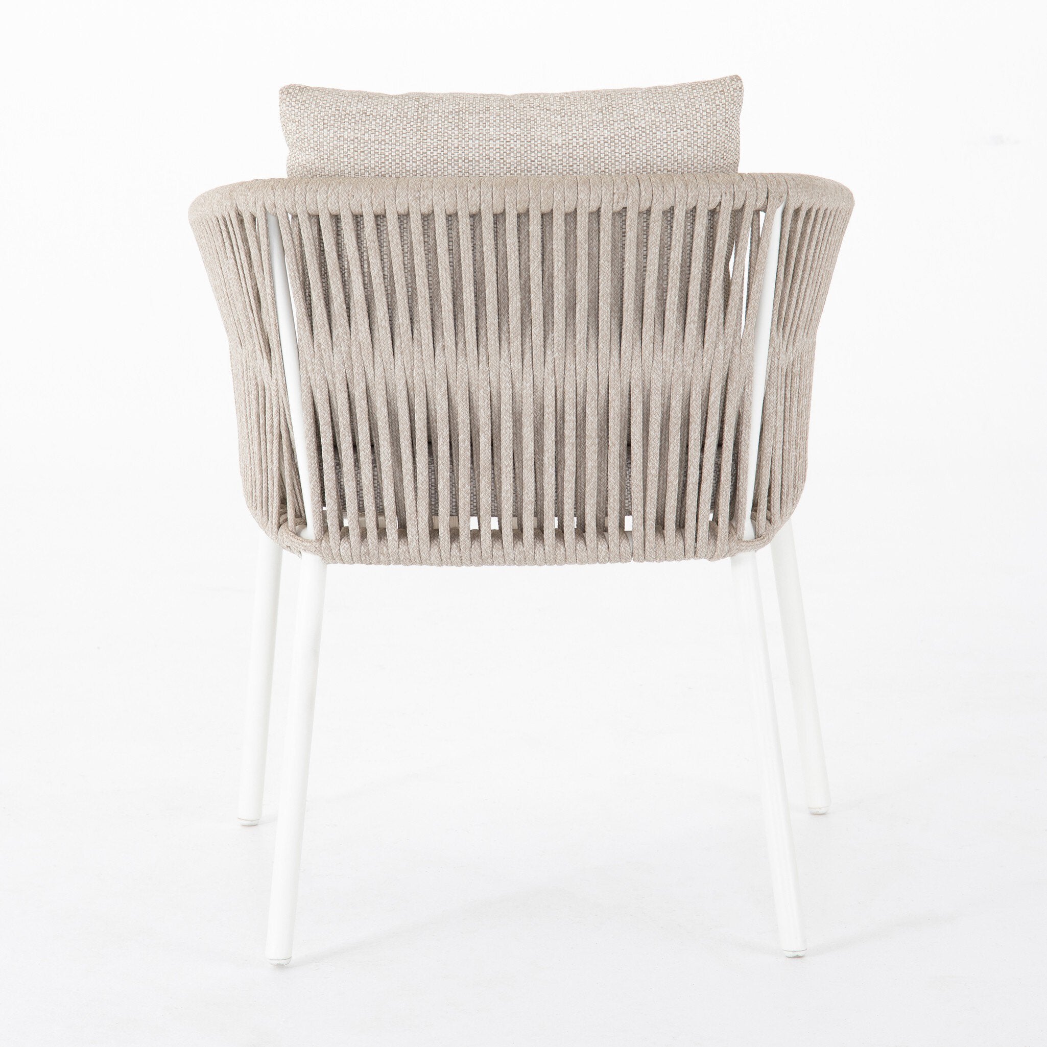 Featuring Porto Faye Sand Outdoor Dining Chair by Four Hands at Amethyst Home. Add a dash of modernity to outdoor dining. Finished in a crisp, clean white, linear aluminum framing welcomes weather-resistant sand-colored cushioning, for a fresh, fluid look. Cover or store indoors during inclement weather and when not in use.Overall Dimensions: 25.50"w x 25.50"d x 32.00"hWeight : 1. Amethyst Home provides interior design, new construction, custom furniture, and area rugs in the Alpharetta metro area