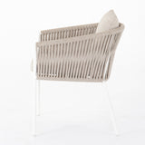 Featuring Porto Faye Sand Outdoor Dining Chair by Four Hands at Amethyst Home. Add a dash of modernity to outdoor dining. Finished in a crisp, clean white, linear aluminum framing welcomes weather-resistant sand-colored cushioning, for a fresh, fluid look. Cover or store indoors during inclement weather and when not in use.Overall Dimensions: 25.50"w x 25.50"d x 32.00"hWeight : 18. Amethyst Home provides interior design, new construction, custom furniture, and area rugs in the Charlotte metro area