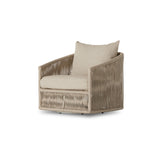 Featuring Porto Faye Sand Outdoor Swivel Chair by Four Hands at Amethyst Home. A beautiful rope-based design is woven across a durable, 360-swivel aluminum frame in a rich bronze finish. Topped with a wide cushion and throw pillow, all upholstered in 100% olefin, known for its UV-resistant, water-repellent and quick-drying abilities. Cover or store indoors during inclement weat. Amethyst Home provides interior design, new construction, custom furniture, and area rugs in the Laguna Beach metro area
