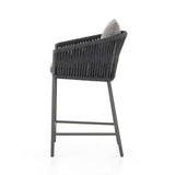 Featuring Porto Venao Charcoal Outdoor Bar & Counter Stool by Four Hands at Amethyst Home. The perfect place for outdoor daydreaming. A beautiful rope-based design is woven across a durable aluminum frame in a rich bronze finish. Topped with a wide cushion and throw pillows, all upholstered in 100% olefin, known for its UV-resistant, water-repellent and quick-drying abilitiesBar S. Amethyst Home provides interior design, new construction, custom furniture, and area rugs in the San Diego metro area