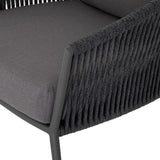 Featuring Porto Venao Charcoal Outdoor Chair by Four Hands at Amethyst Home. The perfect place for outdoor daydreaming. A beautiful rope-based design is woven across a durable aluminum frame in a rich bronze finish. Topped with a wide cushion and throw pillow, all upholstered in 100% olefin, known for its UV-resistant, water-repellent and quick-drying abilities. Cover or store i. Amethyst Home provides interior design, new construction, custom furniture, and area rugs in the Los Angeles metro area