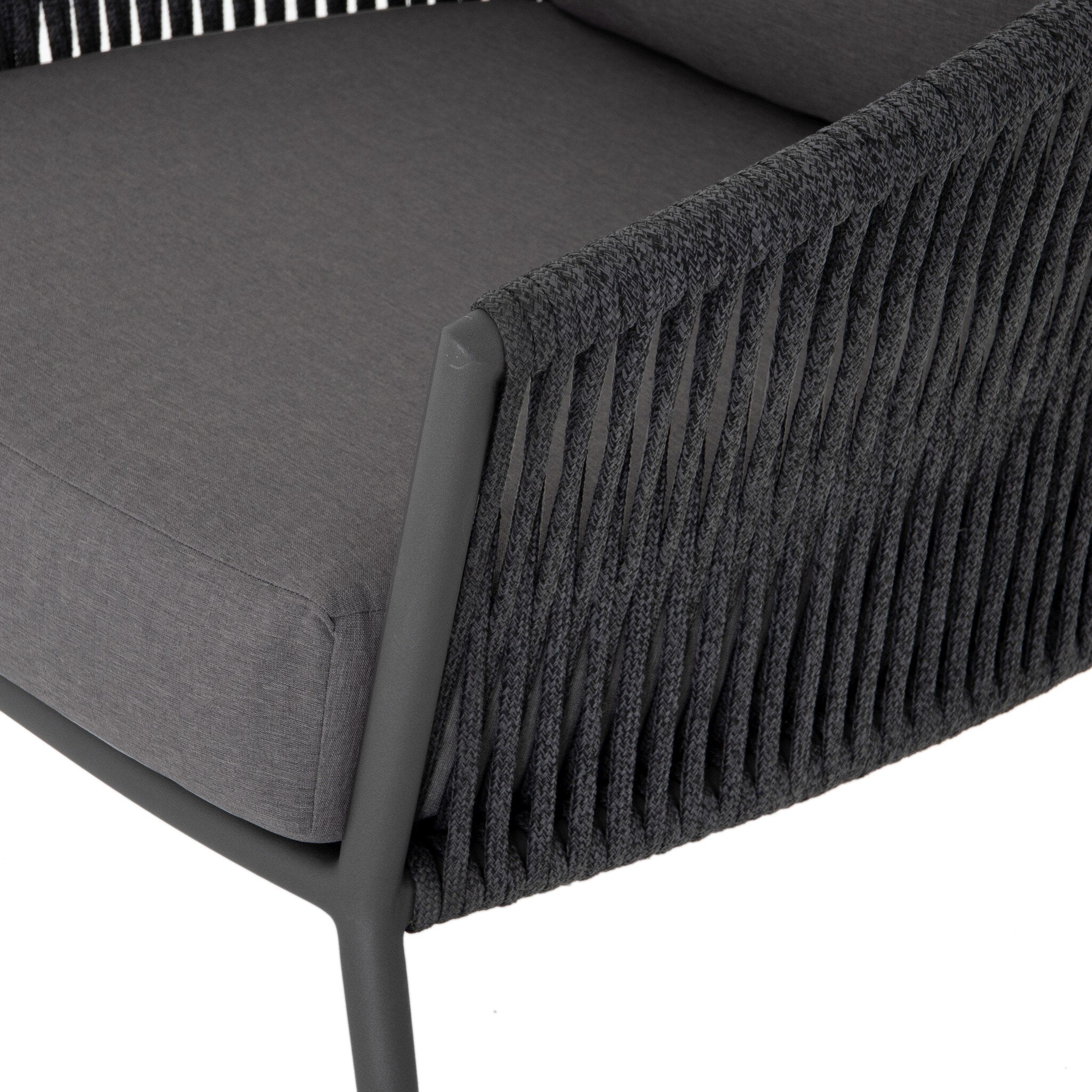 Featuring Porto Venao Charcoal Outdoor Chair by Four Hands at Amethyst Home. The perfect place for outdoor daydreaming. A beautiful rope-based design is woven across a durable aluminum frame in a rich bronze finish. Topped with a wide cushion and throw pillow, all upholstered in 100% olefin, known for its UV-resistant, water-repellent and quick-drying abilities. Cover or store i. Amethyst Home provides interior design, new construction, custom furniture, and area rugs in the Los Angeles metro area