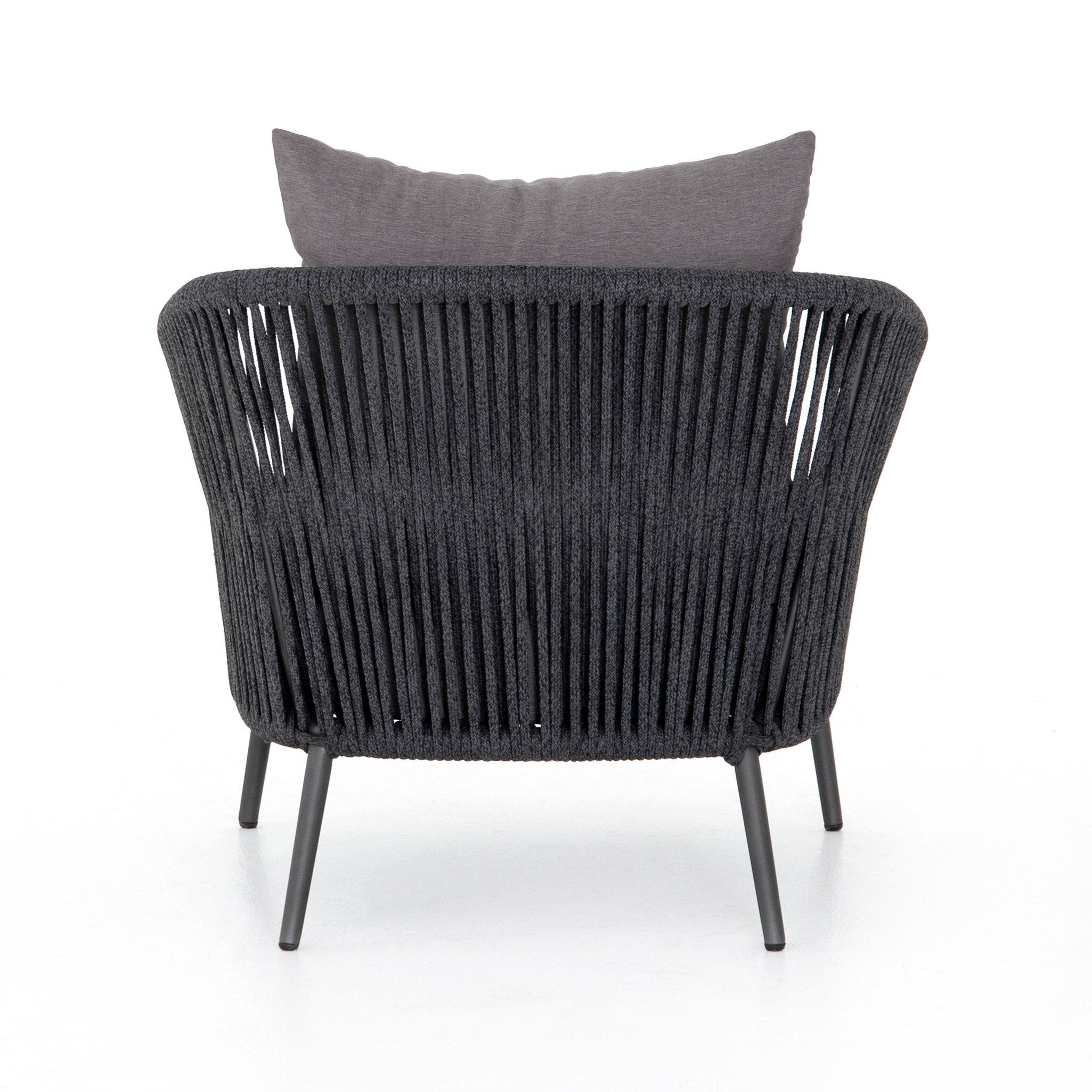 Featuring Porto Venao Charcoal Outdoor Chair by Four Hands at Amethyst Home. The perfect place for outdoor daydreaming. A beautiful rope-based design is woven across a durable aluminum frame in a rich bronze finish. Topped with a wide cushion and throw pillow, all upholstered in 100% olefin, known for its UV-resistant, water-repellent and quick-drying abilities. Cover or store indo. Amethyst Home provides interior design, new construction, custom furniture, and area rugs in the Monterey metro area