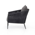 Featuring Porto Venao Charcoal Outdoor Chair by Four Hands at Amethyst Home. The perfect place for outdoor daydreaming. A beautiful rope-based design is woven across a durable aluminum frame in a rich bronze finish. Topped with a wide cushion and throw pillow, all upholstered in 100% olefin, known for its UV-resistant, water-repellent and quick-drying abilities. Cover or store. Amethyst Home provides interior design, new construction, custom furniture, and area rugs in the Newport Beach metro area