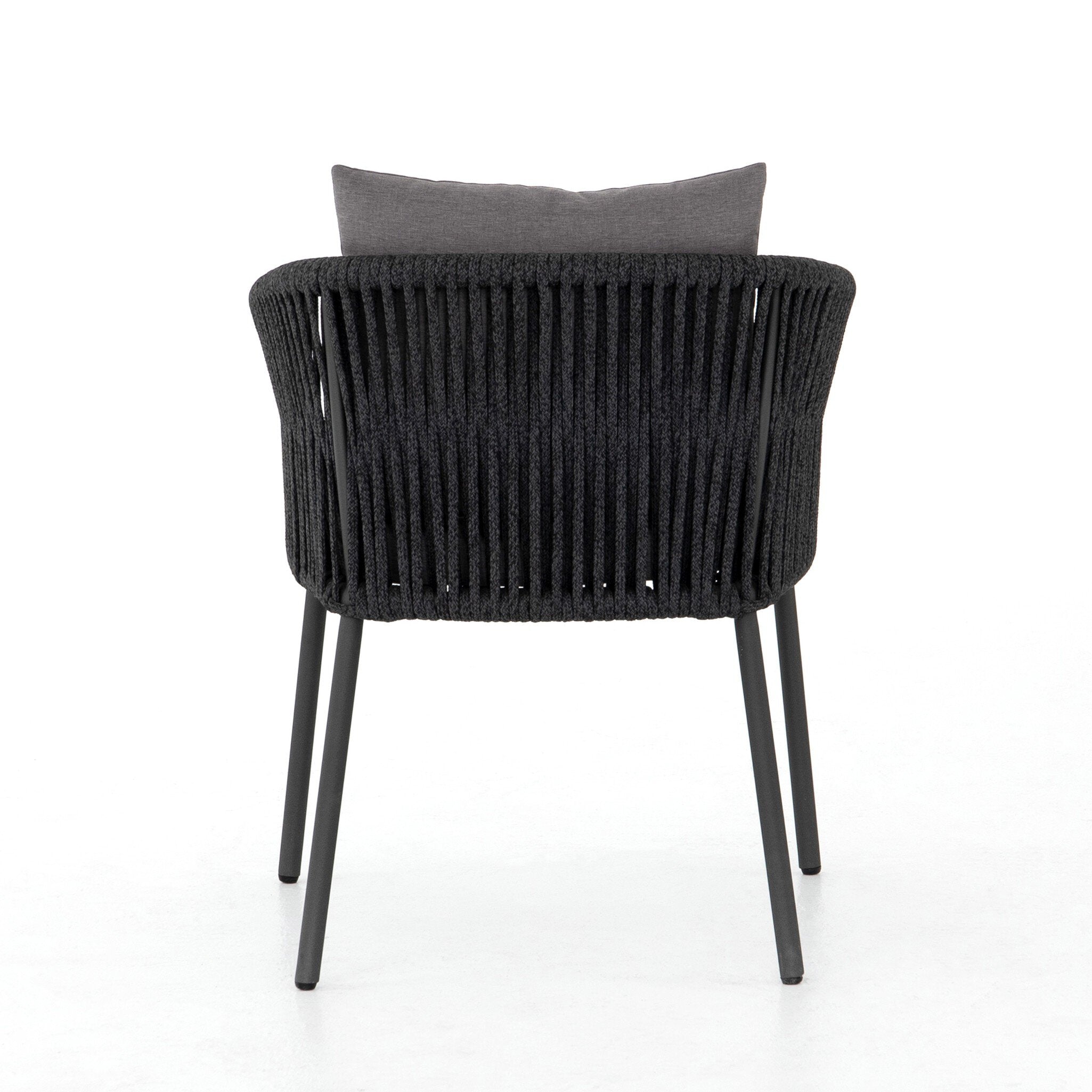 Featuring Porto Venao Charcoal Outdoor Dining Chair by Four Hands at Amethyst Home. The perfect place for outdoor daydreaming. A beautiful rope-based design is woven across a durable aluminum frame in a rich bronze finish. Topped with a wide cushion and throw pillows, all upholstered in 100% olefin, known for its UV-resistant, water-repellent and quick-drying abilitiesOverall Dim. Amethyst Home provides interior design, new construction, custom furniture, and area rugs in the Alpharetta metro area