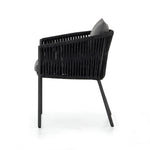 Featuring Porto Venao Charcoal Outdoor Dining Chair by Four Hands at Amethyst Home. The perfect place for outdoor daydreaming. A beautiful rope-based design is woven across a durable aluminum frame in a rich bronze finish. Topped with a wide cushion and throw pillows, all upholstered in 100% olefin, known for its UV-resistant, water-repellent and quick-drying abilitiesOverall Dimensi. Amethyst Home provides interior design, new construction, custom furniture, and area rugs in the Austin metro area