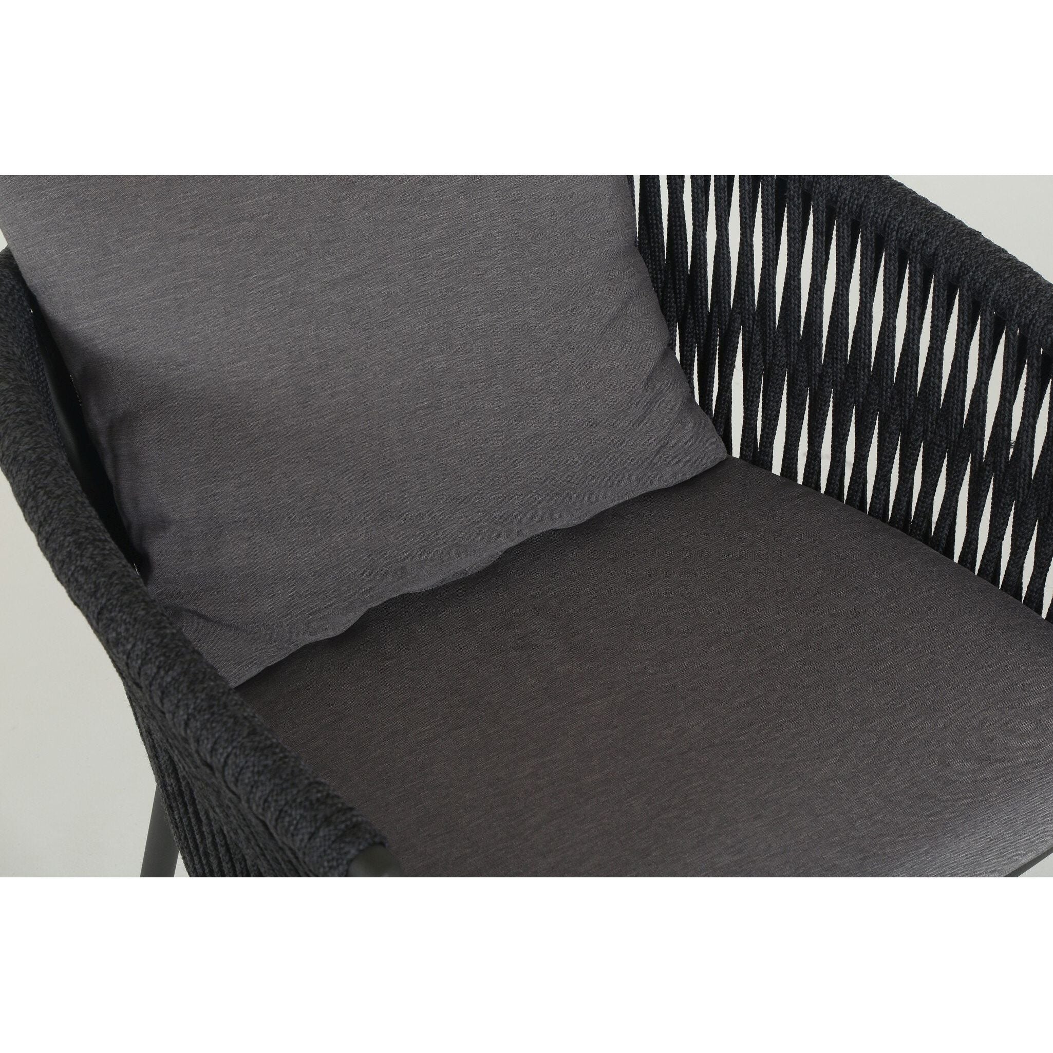 Featuring Porto Venao Charcoal Outdoor Dining Chair by Four Hands at Amethyst Home. The perfect place for outdoor daydreaming. A beautiful rope-based design is woven across a durable aluminum frame in a rich bronze finish. Topped with a wide cushion and throw pillows, all upholstered in 100% olefin, known for its UV-resistant, water-repellent and quick-drying abilitiesOverall Dimensio. Amethyst Home provides interior design, new construction, custom furniture, and area rugs in the Tampa metro area