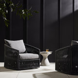 Featuring Porto Venao Charcoal Outdoor Swivel Chair by Four Hands at Amethyst Home. A beautiful rope-based design is woven across a durable, 360-swivel aluminum frame in a rich bronze finish. Topped with a wide cushion and throw pillow, all upholstered in 100% olefin, known for its UV-resistant, water-repellent and quick-drying abilities. Cover or store indoors during inclement w. Amethyst Home provides interior design, new construction, custom furniture, and area rugs in the Scottsdale metro area