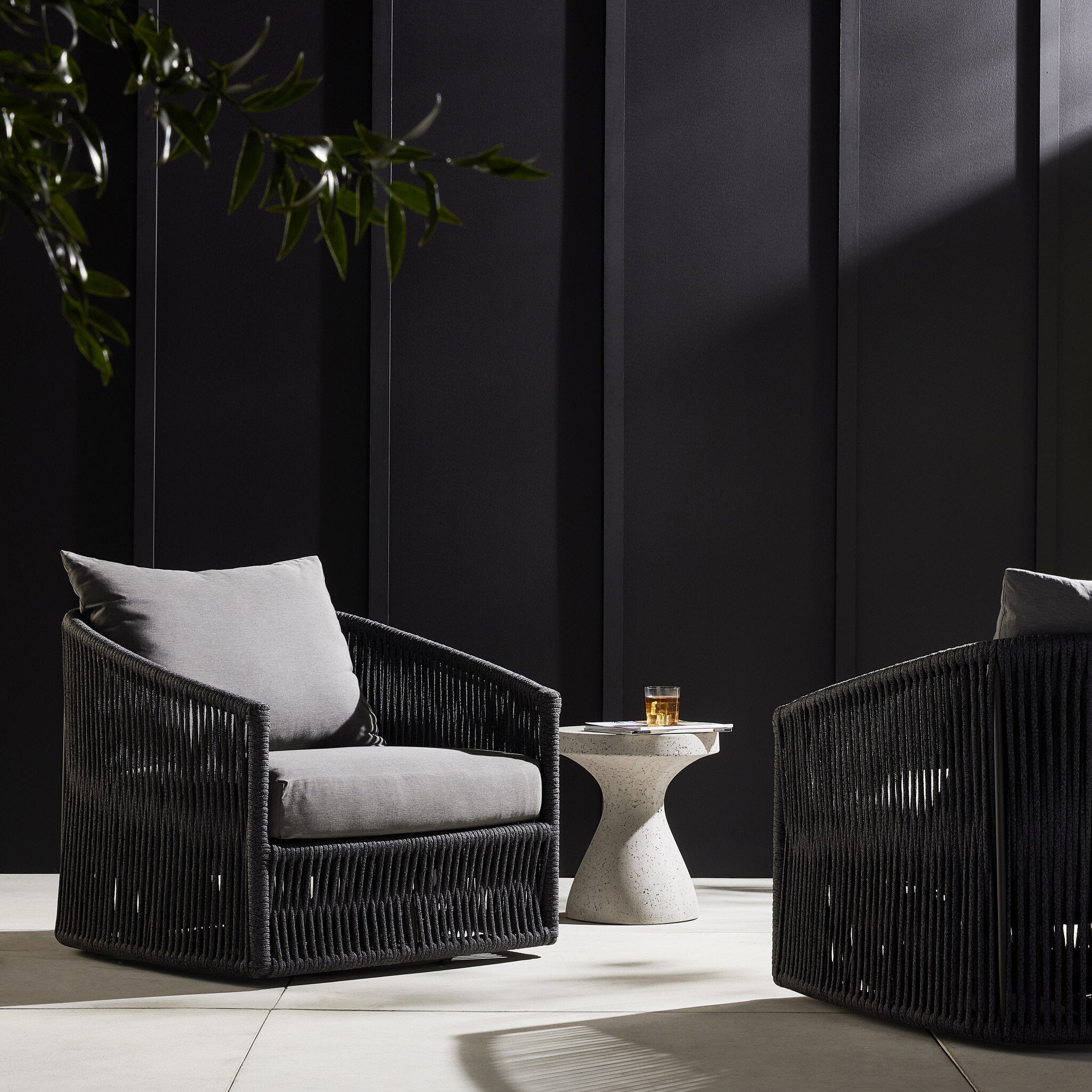Featuring Porto Venao Charcoal Outdoor Swivel Chair by Four Hands at Amethyst Home. A beautiful rope-based design is woven across a durable, 360-swivel aluminum frame in a rich bronze finish. Topped with a wide cushion and throw pillow, all upholstered in 100% olefin, known for its UV-resistant, water-repellent and quick-drying abilities. Cover or store indoors during inclement w. Amethyst Home provides interior design, new construction, custom furniture, and area rugs in the Scottsdale metro area
