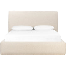 Featuring Quincy Lisbon Cream-King Bed by Four Hands at Amethyst Home. Modern, clean shaping meets inflated comfort with this padded, upholstered bed frame in a textural boucle-like pattern.  Text (251) 257-7986 for quick product details.Overall Dimensions: 92.25"W x 89.25"L x 48"H
Collection: EastonColors: Lisbon Cream ,BlackMaterials: 81% Pl, 19% Pc ,Solid P. Amethyst Home provides interior design, new home construction design consulting, vintage area rugs, and lighting in the Dallas metro area.