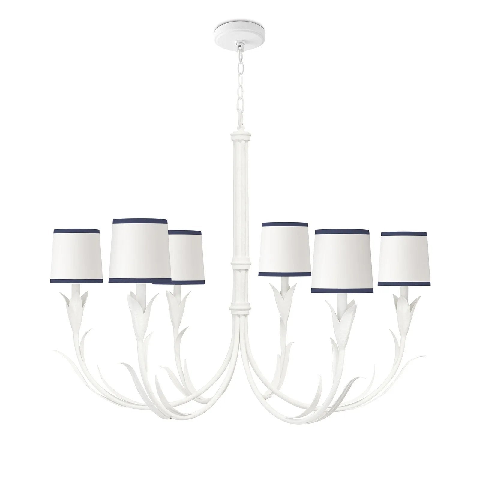 With its botanical influence and white finish, the River Reed Chandelier is the ideal fixture for any traditional living space. Six reeded arms reach upward toward navy shades, joined in the middle of the fixture with two detailed bands. This six-light fixture is suspended on an elegant chain, adorning a room with organic, natural glamour. Amethyst Home provides interior design, new home construction design consulting, vintage area rugs, and lighting in the Calabasas metro area.