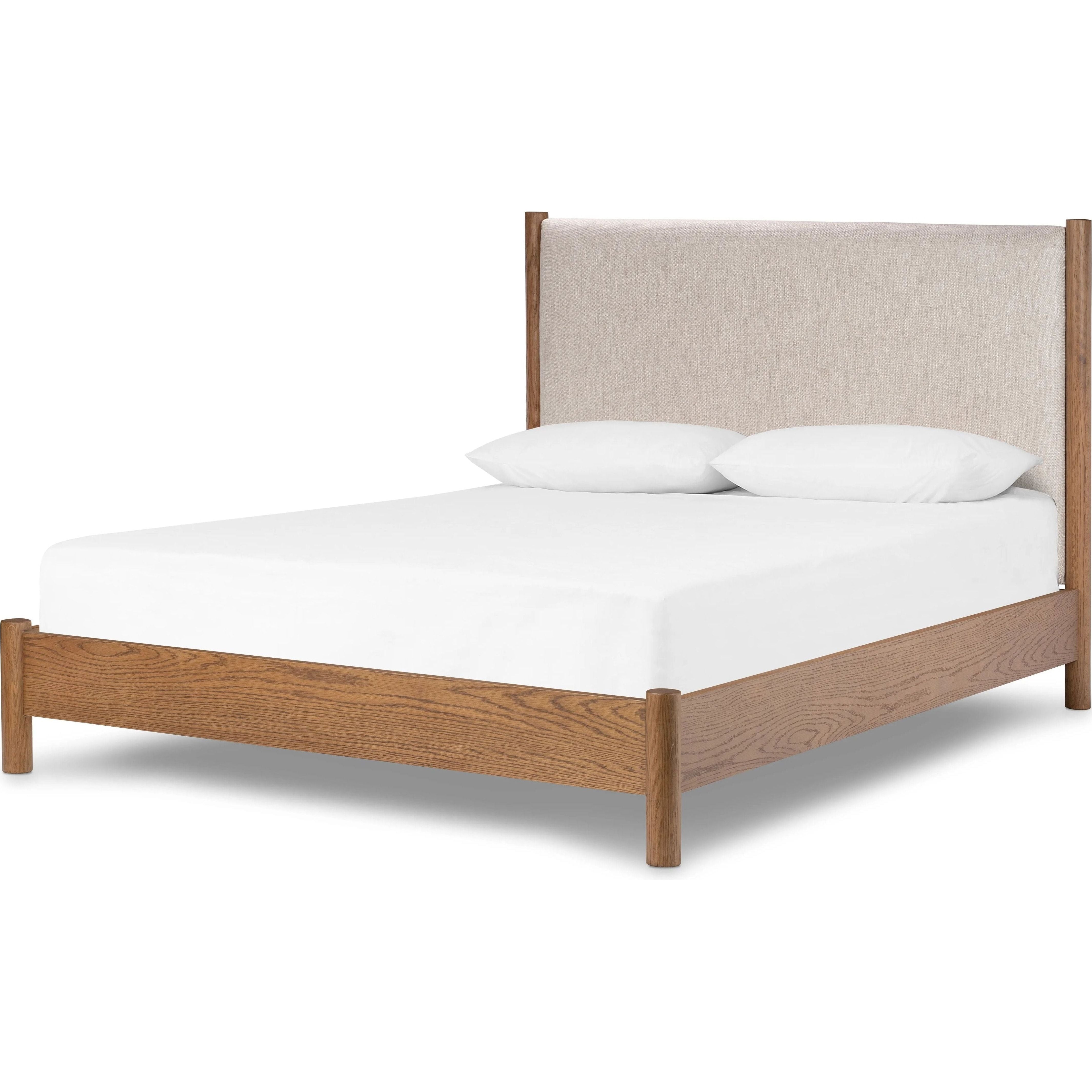 Featuring Roark Essence Natural Bed by Four Hands at Amethyst Home. Rounded, chunky dowel legs in an amber oak finish frame the neutral, linen-like upholstered headboard of this bed frame.Overall Dimensions: 86"W x 80.5"L x 48"H
Collection: BoltonColors: Amber Oak ,Amber Oak Veneer ,Essence NaturalMaterials: Solid Oak ,Thick Oak Veneer ,49Vi,22Li,18Pl,11Co Weig. Amethyst Home provides interior design, new home construction design consulting, vintage area rugs, and lighting in the Tampa metro area.