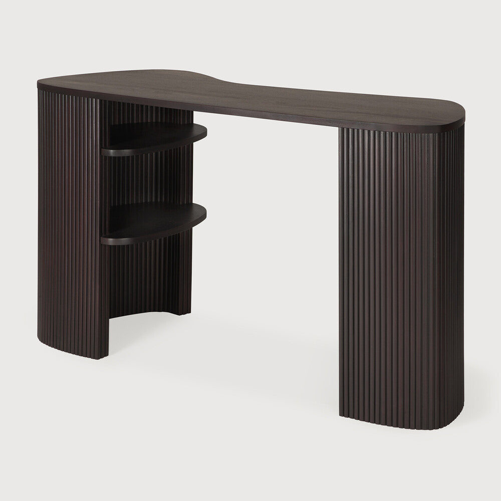 Featuring Roller Mahogany Dark Brown Max Desk by Ethnicraft at Amethyst Home. The Roller Max collection is remarkable in its design, distinguished with its stacked wood-stick effect. With its organic yet contained form, the Roller Max desk is designed to adapt—whether placed in the centre of a room, tucked into a corner, or positioned by a window. It’s an inviting and versatile ad. Amethyst Home provides interior design, new construction, custom furniture, and area rugs in the San Diego metro area