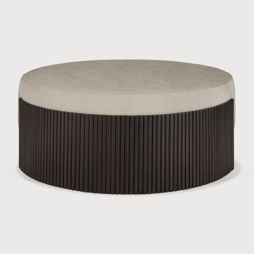 Featuring Roller Mahogany Dark Brown Max Pouf by Ethnicraft at Amethyst Home. The Roller Max collection is remarkable in its design, distinguished with its stacked wood-stick effect. The pouf is a multifunctional item which encapsulates the comfortable upholstery cushion within the dark brown-varnished mahogany.Weight : 37 lbs Dimensions: 33.5" W x 33.5" L x 14" H. Amethyst Home provides interior design, new construction, custom furniture, and area rugs in the Houston metro area