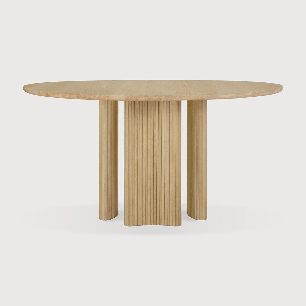 Featuring Roller Oak Round Max Dining Table by Ethnicraft at Amethyst Home. The Roller Max collection is remarkable in its design, distinguished with its stacked wood-stick effect. The dining table perfectly melds form with function. Featuring the option of reversable legs that can change the aesthetic to reflect personal style.Weight : 163 lbs Dimensions: 59.5" W x 59.5" L x 30" H. Amethyst Home provides interior design, new construction, custom furniture, and area rugs in the Boston metro area