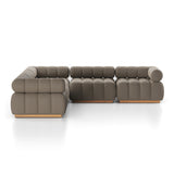 Featuring Roma Alessi Fawn Outdoor 5-Piece Sectional by Four Hands at Amethyst Home. A modern take on mid-century Italian design, soft volume and exaggerated proportions fuse for a sculpted look and playful feel. Atop a plinth-style teak base, outdoor-friendly five-piece sectional features dramatic tufting for a padded sit, indoors and out. Sustainably made with zero waste, luxurious. Amethyst Home provides interior design, new construction, custom furniture, and area rugs in the Boston metro area