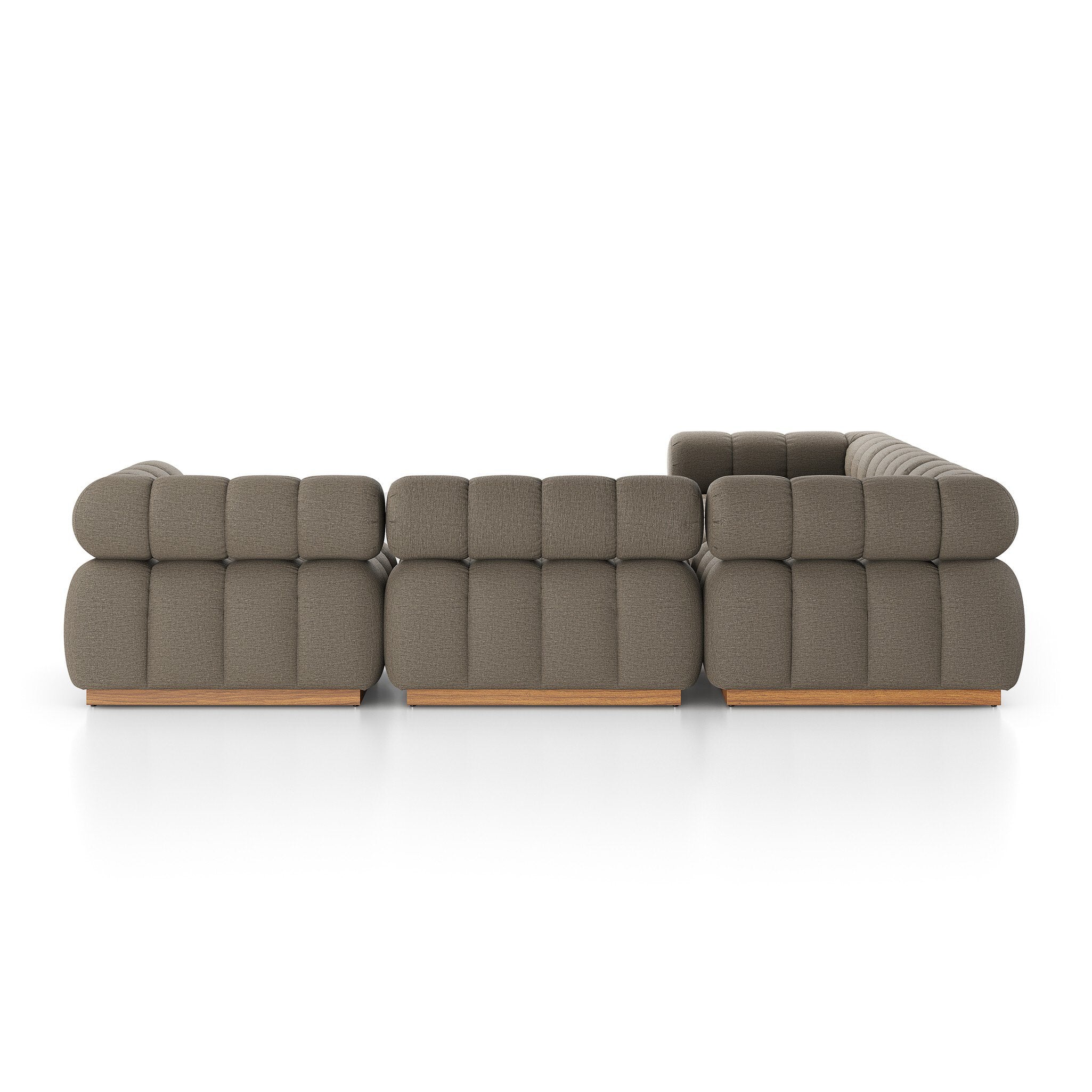 Featuring Roma Alessi Fawn Outdoor 5-Piece Sectional by Four Hands at Amethyst Home. A modern take on mid-century Italian design, soft volume and exaggerated proportions fuse for a sculpted look and playful feel. Atop a plinth-style teak base, outdoor-friendly five-piece sectional features dramatic tufting for a padded sit, indoors and out. Sustainably made with zero waste, luxurious . Amethyst Home provides interior design, new construction, custom furniture, and area rugs in the Miami metro area