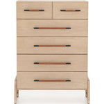 Featuring Rosedale 6 Drawer Tall Dresser by Four Hands at Amethyst Home. The light-finished oak of this Rosedale 6 Drawer Tall Dresser brings a clean, brightness to any room. With four large drawers and two smaller drawers, this is a functional and beautiful piece to add to your bedroom or other area. The iron hardware wrapped in a gorgeous, tan leather re.  Amethyst Home provides interior design, new home construction design consulting, vintage area rugs, and lighting in the Charlotte metro area.