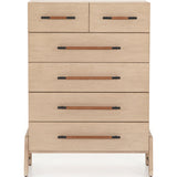 Featuring Rosedale 6 Drawer Tall Dresser by Four Hands at Amethyst Home. The light-finished oak of this Rosedale 6 Drawer Tall Dresser brings a clean, brightness to any room. With four large drawers and two smaller drawers, this is a functional and beautiful piece to add to your bedroom or other area. The iron hardware wrapped in a gorgeous, tan leather re.  Amethyst Home provides interior design, new home construction design consulting, vintage area rugs, and lighting in the Charlotte metro area.