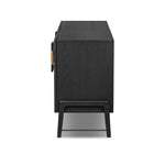 Featuring Rosedale Ebony Oak Sideboard by Four Hands at Amethyst Home. Accented with iron hardware wrapped in top-grain leather, black-finished oak veneer forms a clean silhouette with plenty of storage. Outset legs add an element of interest. Rear cutouts for cord management.Overall Dimensions: 73.25"w x 18.00"d x 30.00"hWeight : 154.32 lbsMaterials : Solid Oak, Top Grain Leather,. Amethyst Home provides interior design, new construction, custom furniture, and area rugs in the Monterey metro area
