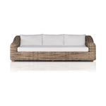 Traditional heritage shape on a grand scale. An outdoor dining sofa is crafted from durable natural teak in a gorgeous, woven pattern highlighting the texture's natural highs and lows. Oversized with deep-seated comfort with loose pillows for the ultimate outdoor lounge. Cover or store indoors during inclement weather and when not in use. Amethyst Home provides interior design, new construction, custom furniture and area rugs in the New Orleans metro area