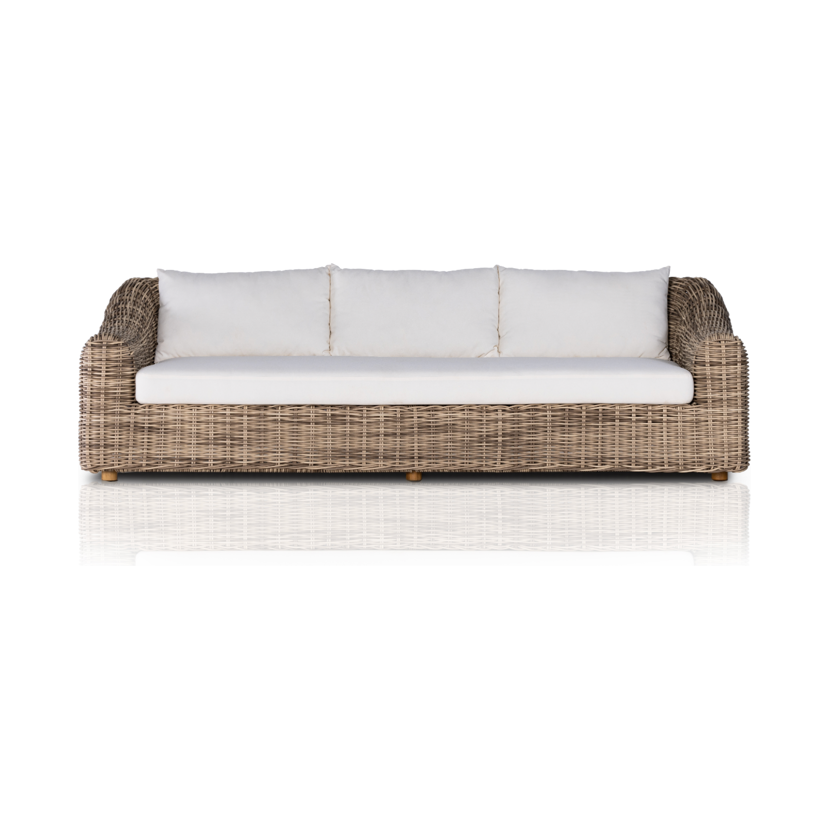 Traditional heritage shape on a grand scale. An outdoor dining sofa is crafted from durable natural teak in a gorgeous, woven pattern highlighting the texture's natural highs and lows. Oversized with deep-seated comfort with loose pillows for the ultimate outdoor lounge. Cover or store indoors during inclement weather and when not in use. Amethyst Home provides interior design, new construction, custom furniture and area rugs in the New Orleans metro area