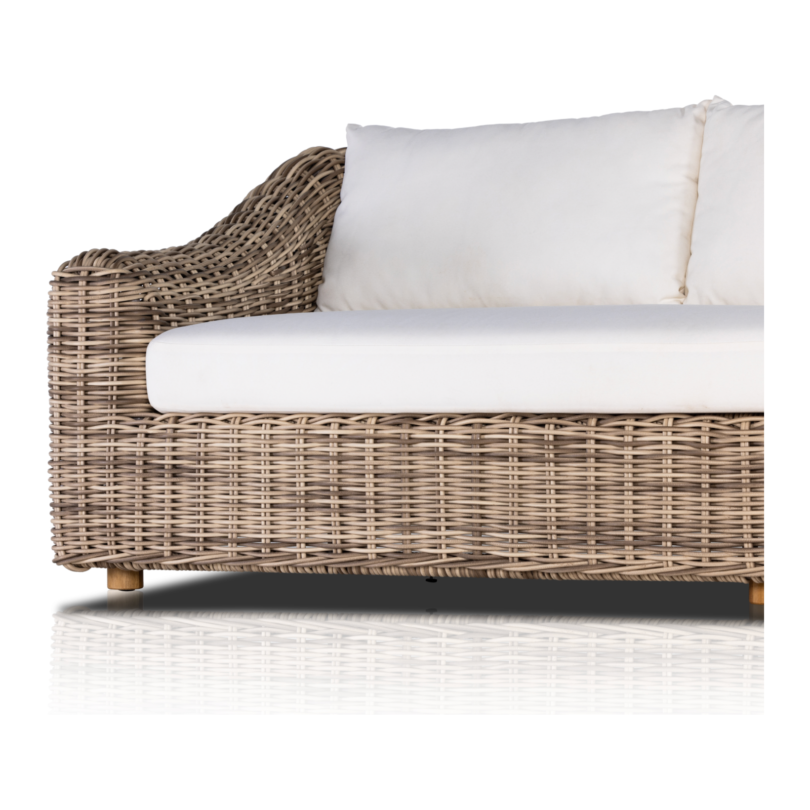 Traditional heritage shape on a grand scale. An outdoor dining sofa is crafted from durable natural teak in a gorgeous, woven pattern highlighting the texture's natural highs and lows. Oversized with deep-seated comfort with loose pillows for the ultimate outdoor lounge. Cover or store indoors during inclement weather and when not in use. Amethyst Home provides interior design, new construction, custom furniture and area rugs in the Key West metro area