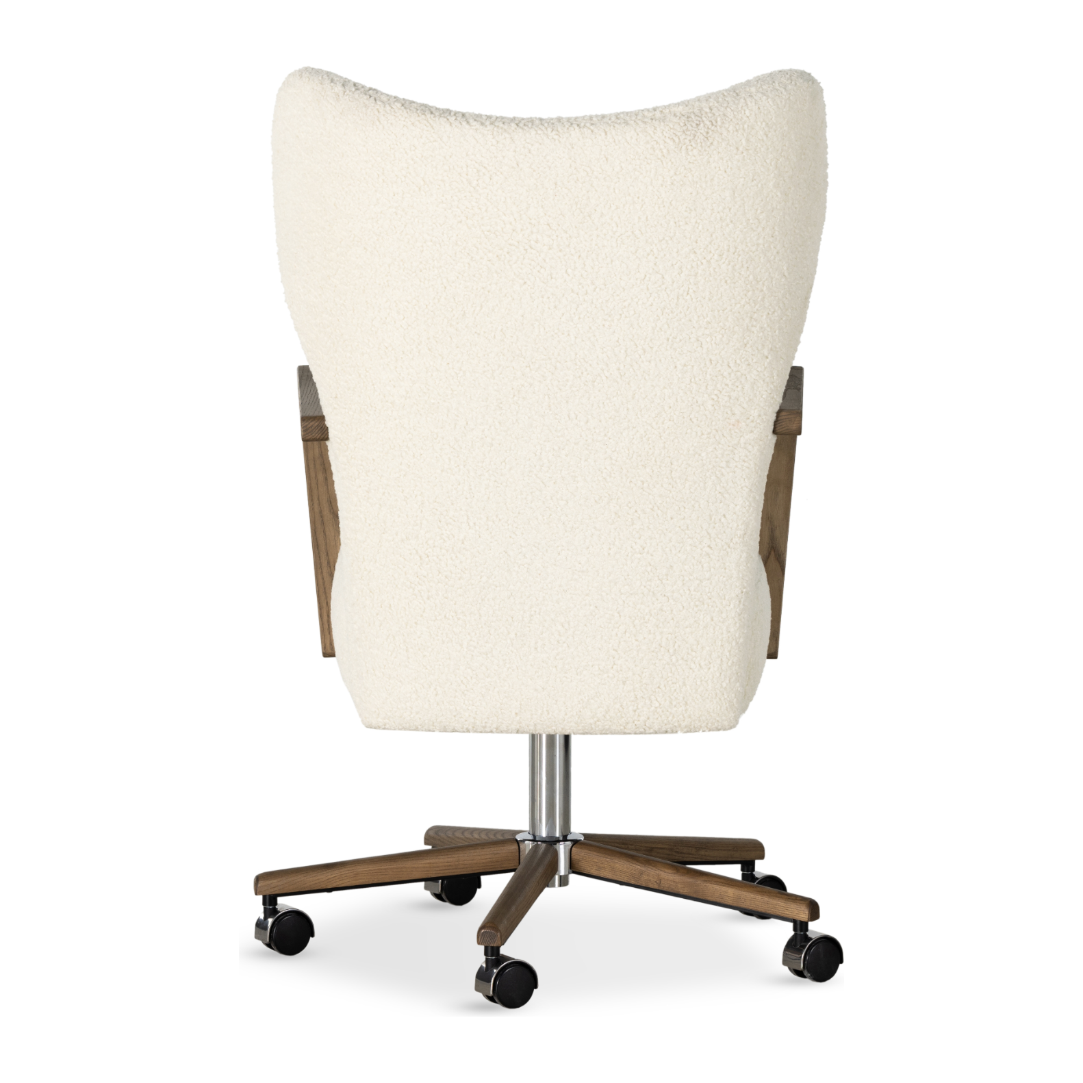 Featuring Melrose Sheepskin Natural Desk Chair by Four Hands at Amethyst Home. A comfort-driven desk chair features soft, textural upholstery, framed by solid ash arms. A height-adjustable swivel base with casters makes for ease in the modern office.Overall Dimensions: 24.50"W x 27.25"L x 40"HColors: Amber Ash, Polished Aluminum, Sheepskin NaturalMaterials: So. Amethyst Home provides interior design, new home construction design consulting, vintage area rugs, and lighting in the Austin metro area.