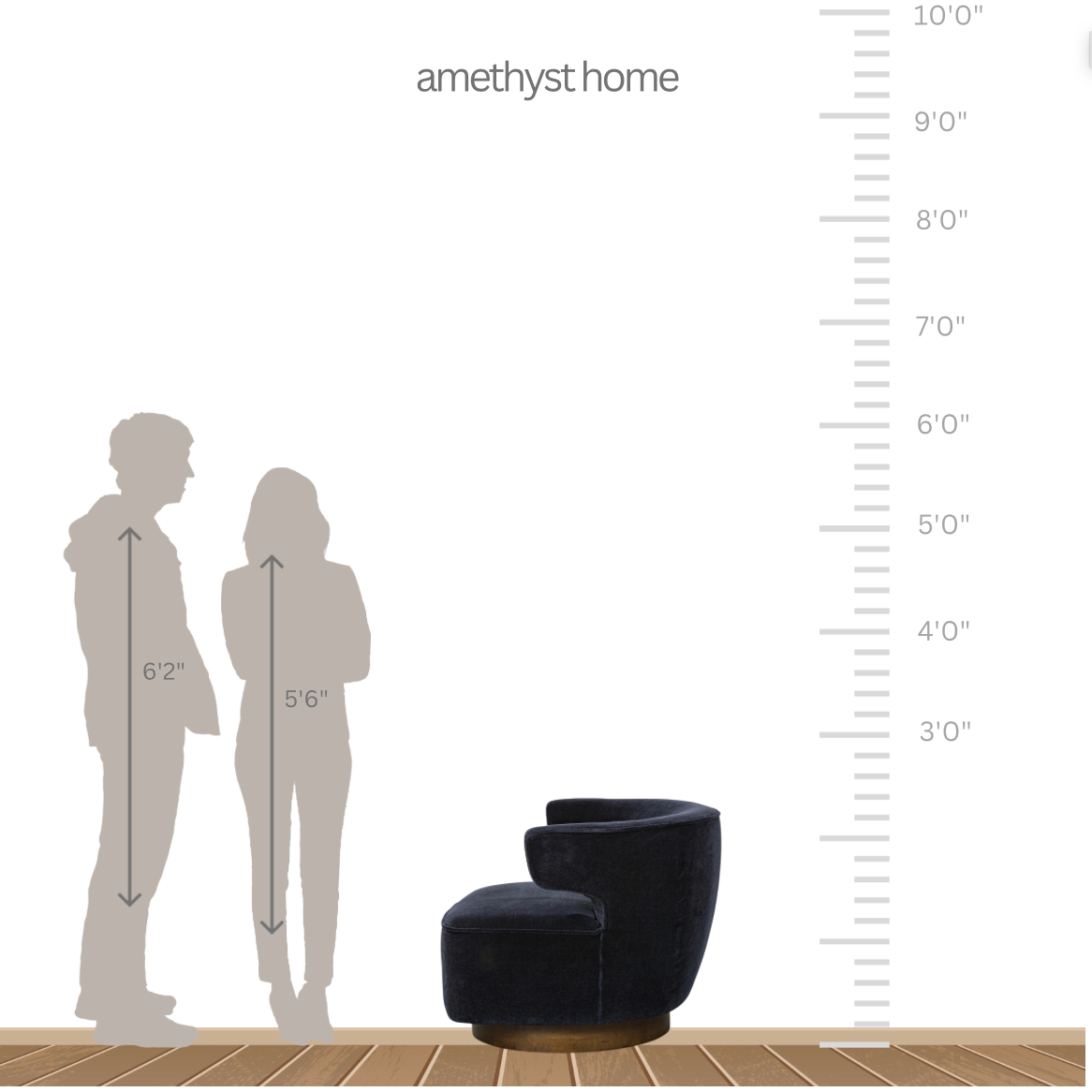 The continuous form of this swivel chair creates a sleek look that elevates everyday seating. Upholstered in navy wool blend, its sleek design is complemented by a 360-degree swivel and pedestal base of solid parawood for a mixed media moment.Overall Dimensions: 29.00"w x 33.75"d x 27.25"h Amethyst Home provides interior design, new home construction design consulting, vintage area rugs, and lighting in the Nashville metro area.